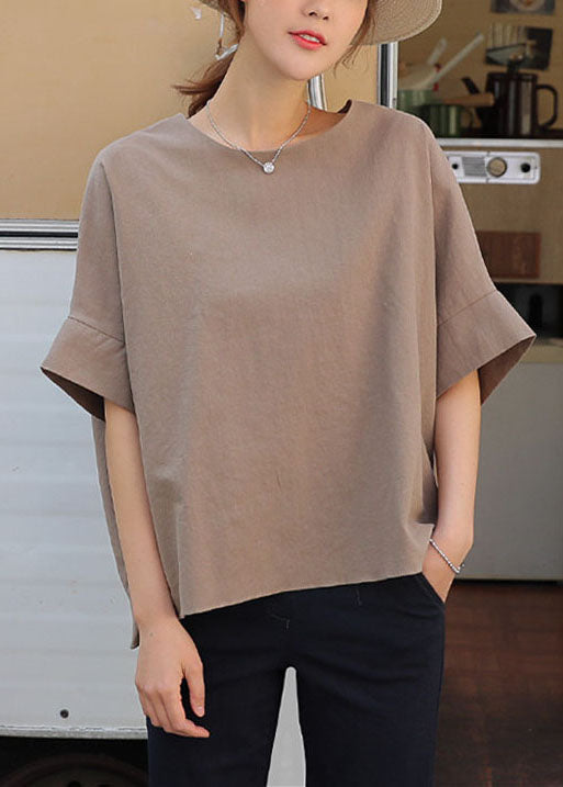 Light Camel O Neck Patchwork Cotton T Shirt Half Sleeve
