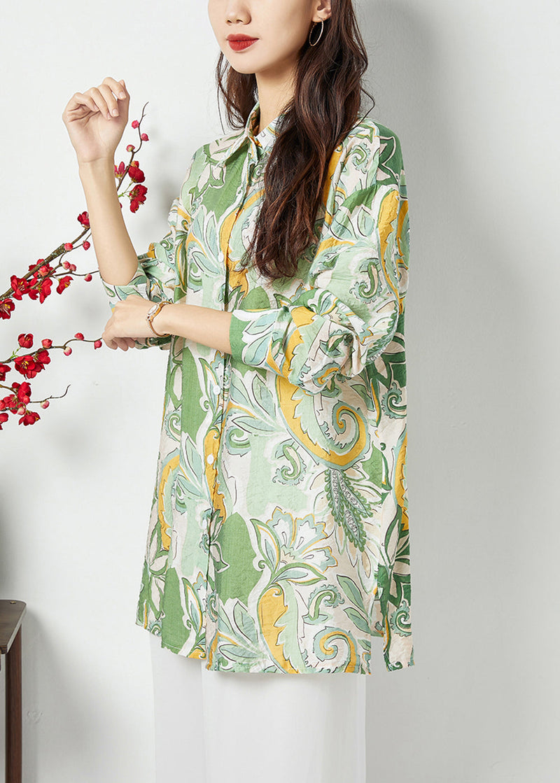 Light Green Peter Pan Collar Print Cotton Long Shirt Spring