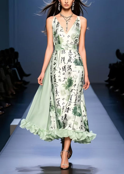 Light Green Print Exra Large Hem Silk Cami Dresses Sleeveless