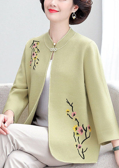 Light Green Stand Collar Embroideried Woolen Loose Cardigan Fall