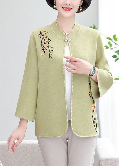 Light Green Stand Collar Embroideried Woolen Loose Cardigan Fall