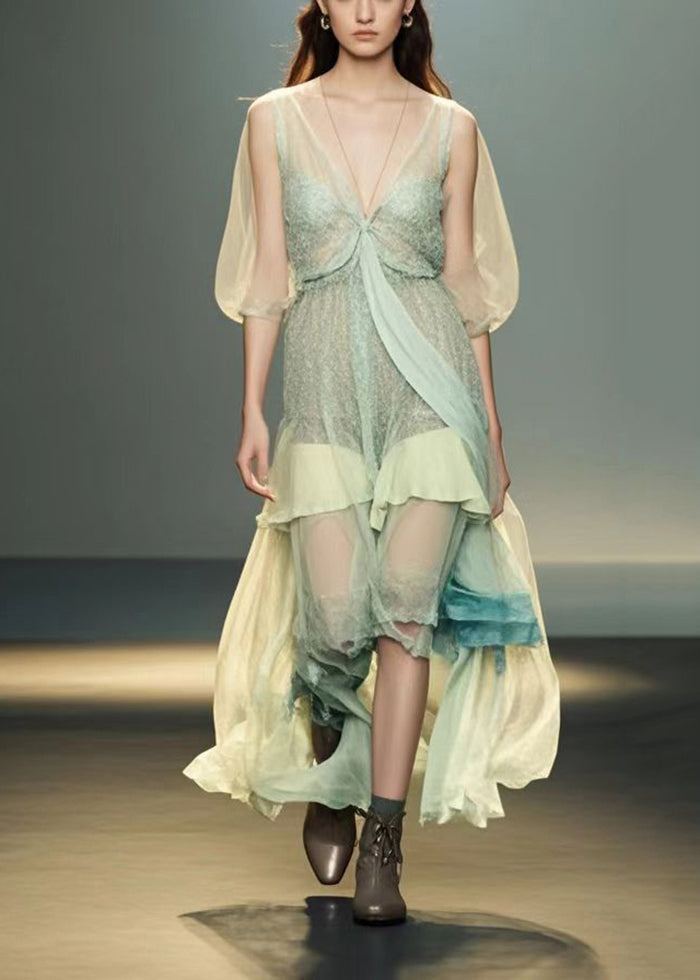 Light Green V Neck Patchwork Silk Holiday Dress Summer