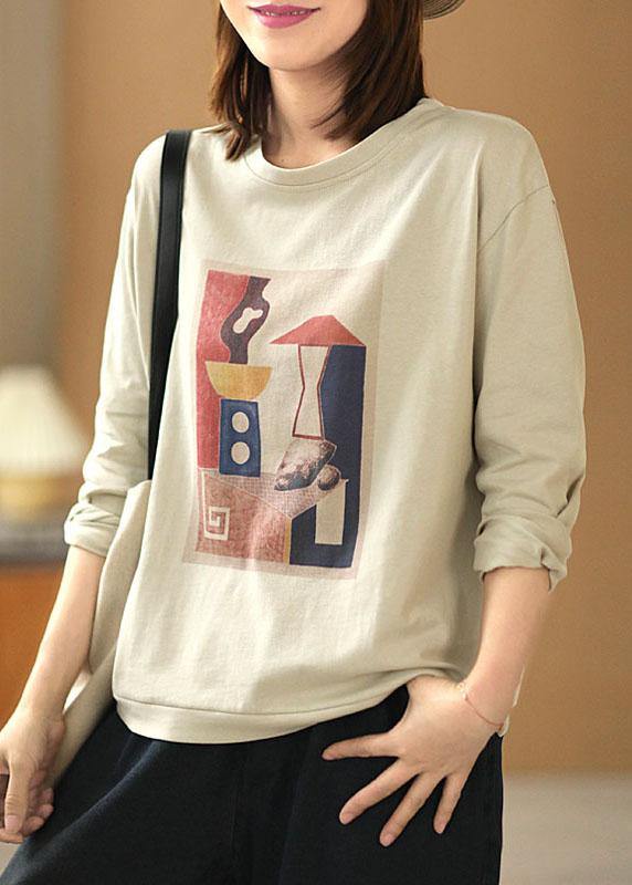 Bohemian Light Grey O-Neck Print Fall Tops Long sleeve