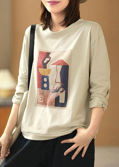 Bohemian Light Grey O-Neck Print Fall Tops Long sleeve