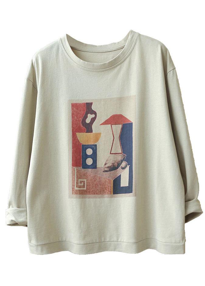 Bohemian Light Grey O-Neck Print Fall Tops Long sleeve