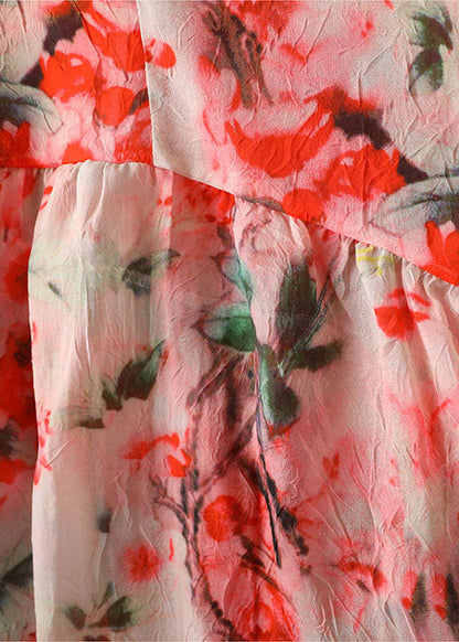 Light Pink Print V Neck Patchwork Wrinkled Cotton Top Short Sleeve