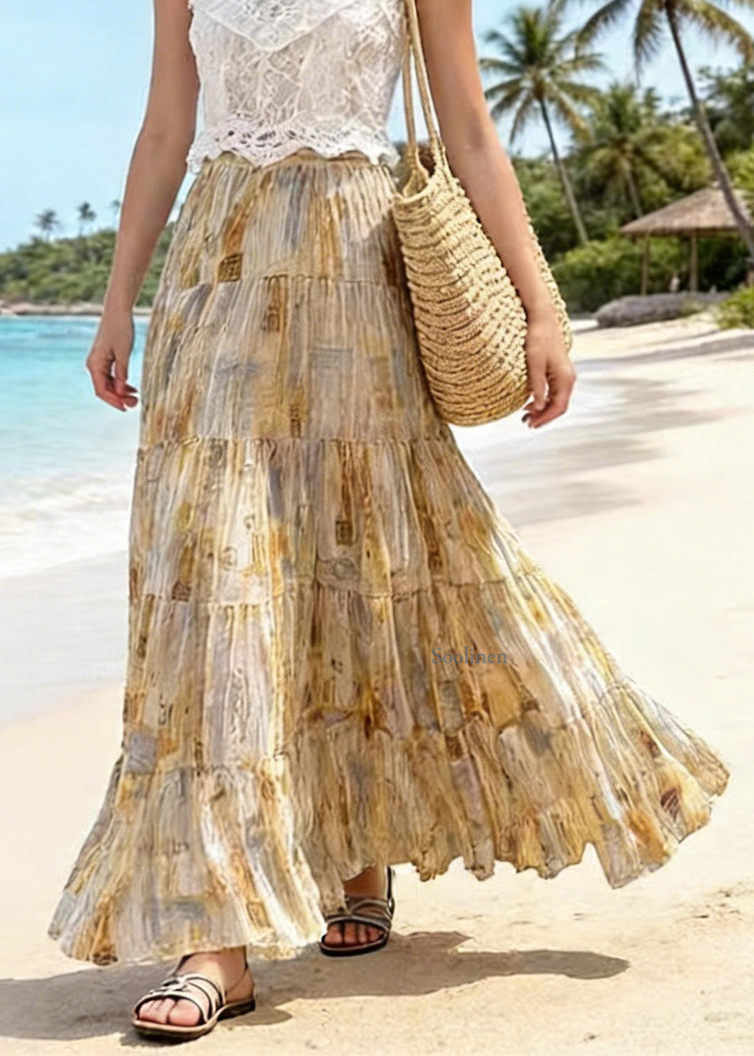 Light Yellow Wrinkled Print Patchwork Chiffon Skirts Summer