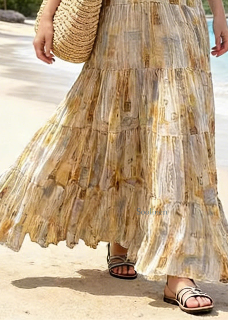 Light Yellow Wrinkled Print Patchwork Chiffon Skirts Summer