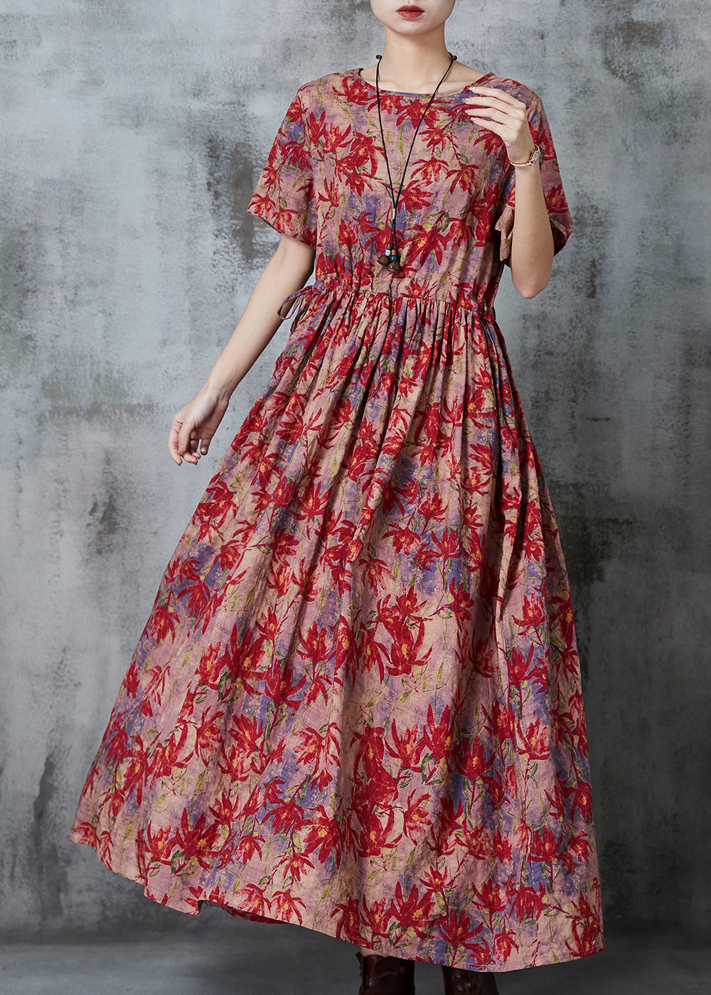 Maple Leaves Print Linen Cinched Dress Summer