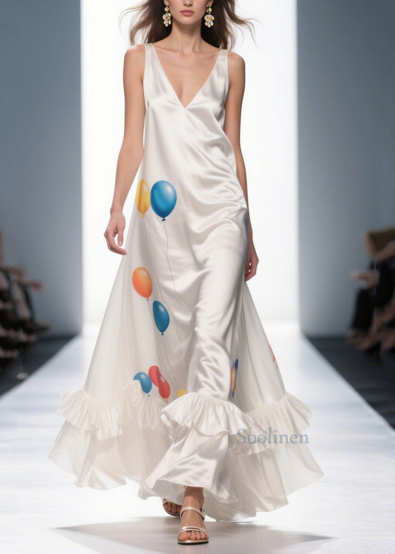 Milk White Ruffled Print Silk Vestidos Dress Summer
