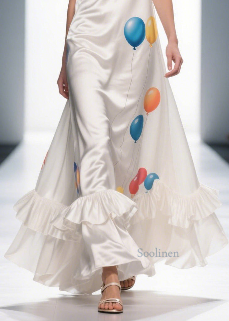 Milk White Ruffled Print Silk Vestidos Dress Summer