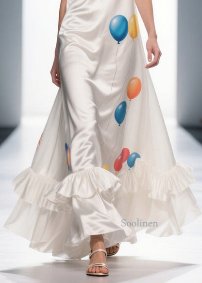 Milk White Ruffled Print Silk Vestidos Dress Summer