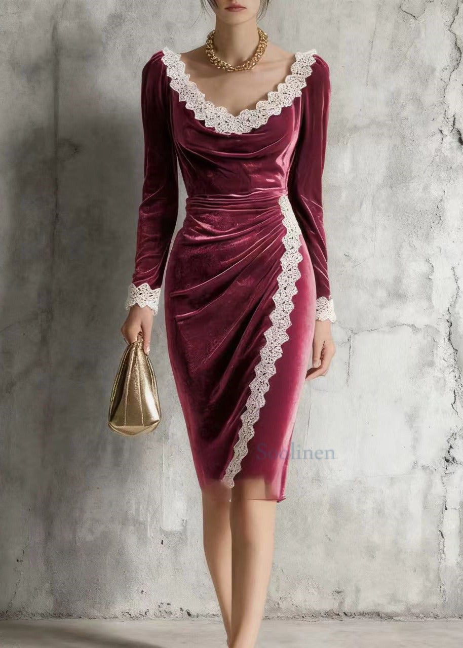 Mulberry O-neck Lace Patchwork Silk Velvet Mid Dress Spring