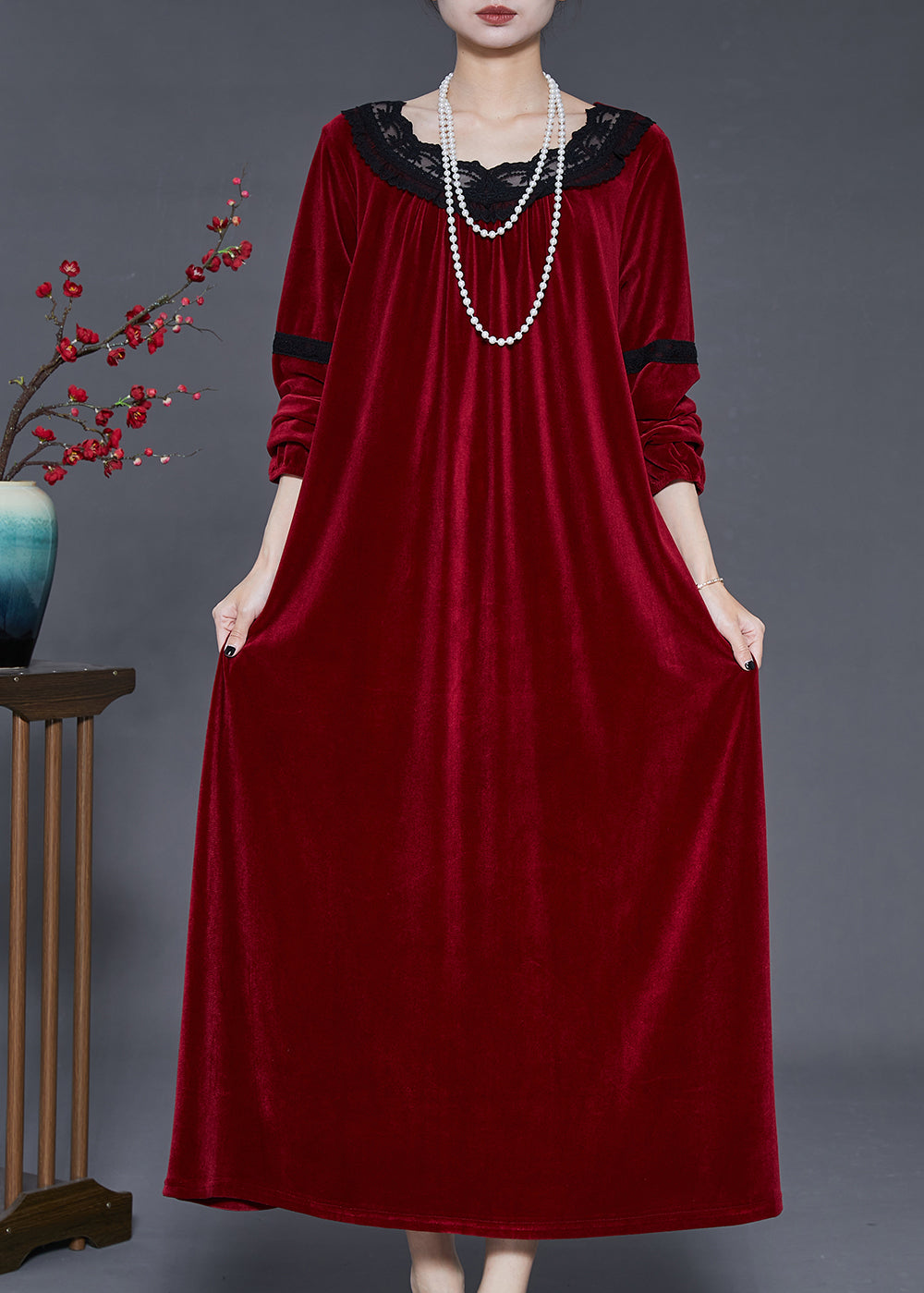 Mulberry Oversized Patchwork Lace Silk Velvet Dress Fall