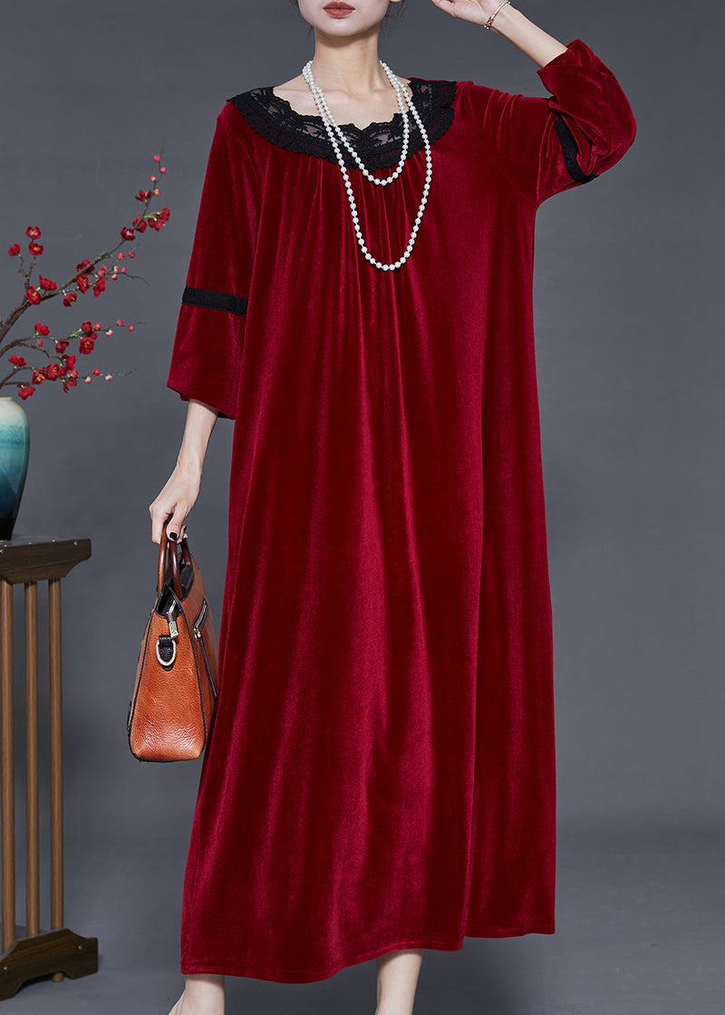 Mulberry Oversized Patchwork Lace Silk Velvet Dress Fall