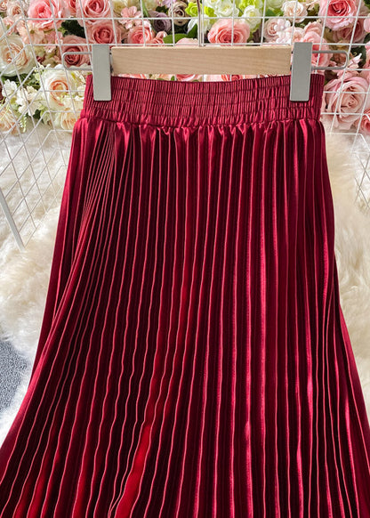 Mulberry Satin Elastic Waist Pleated Skirts Spring