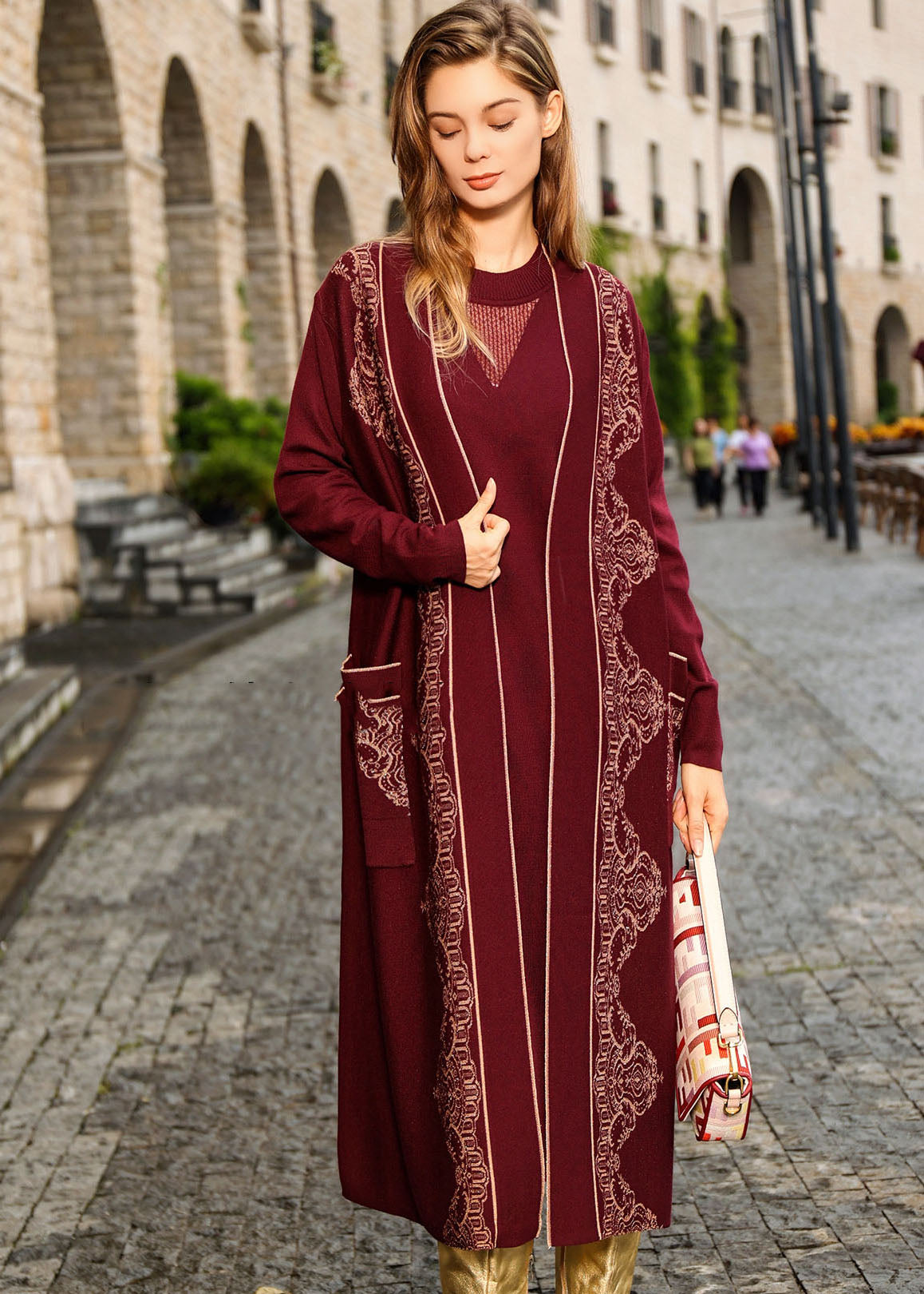 Mulberry V Neck Print Patchwork Wool Knit Cardigans Fall