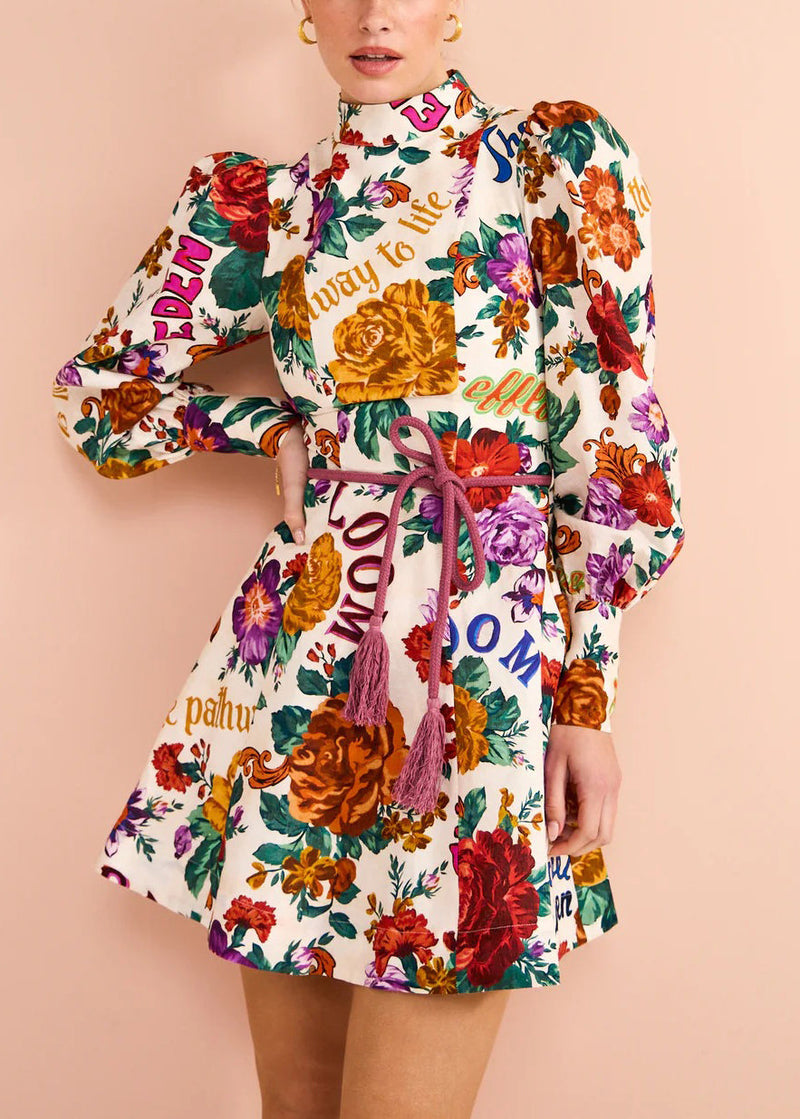 Multi Print Tie Waist Cotton Mid Dress Long Sleeve
