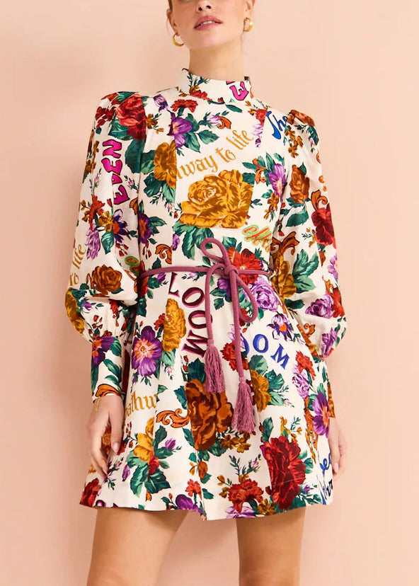 Multi Print Tie Waist Cotton Mid Dress Long Sleeve