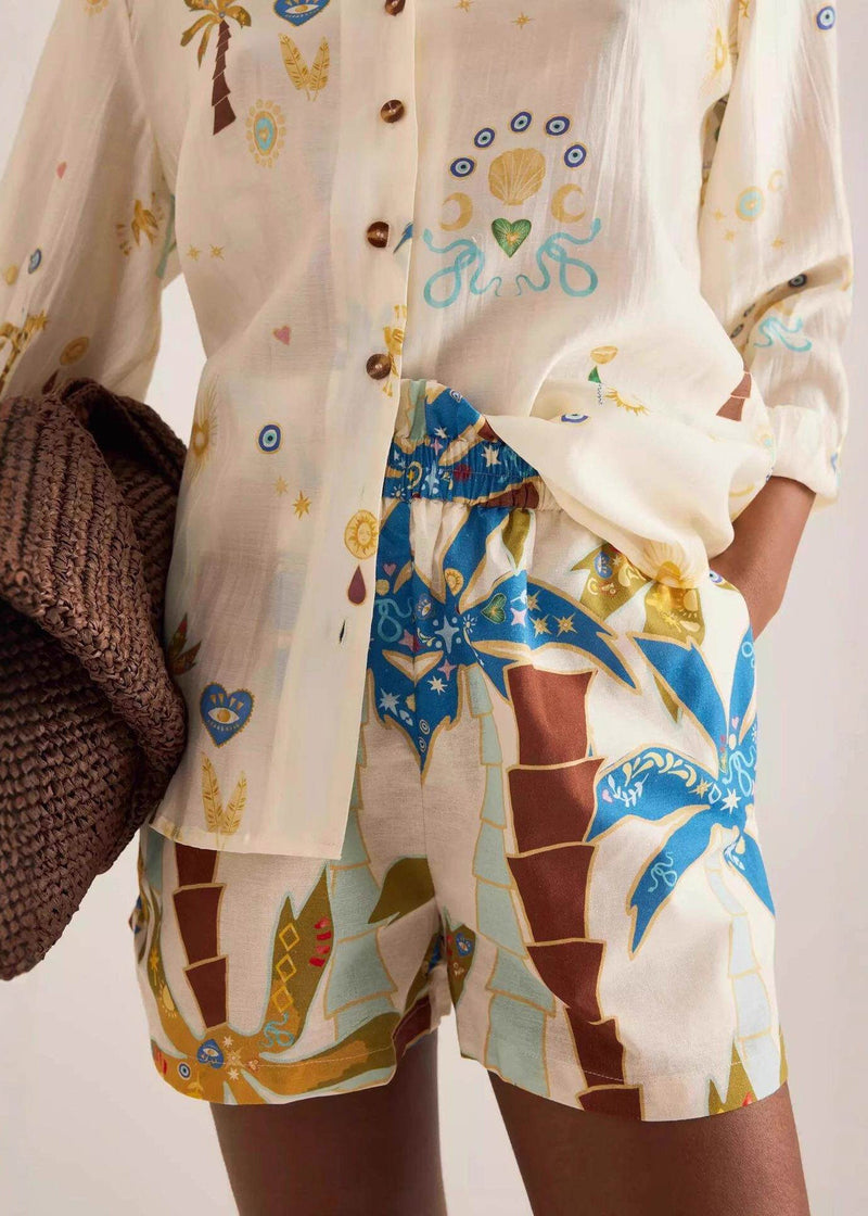Multicolor Peter Pan Collar Print Shirts and Shorts Two Pieces Set Spring