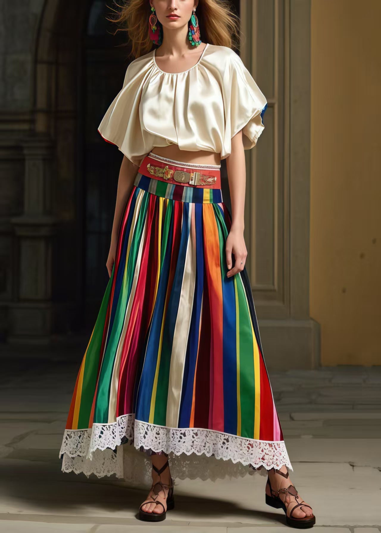 Multicolour Striped High Waist Patchwork Lace Skirts Summer