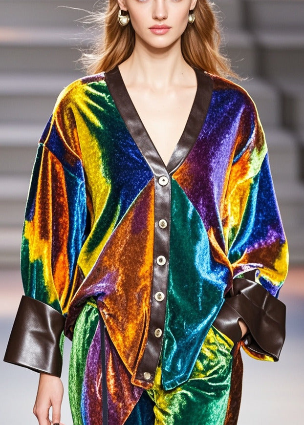 Multicolour V Neck Patchwork Silk Velvet Coat Spring