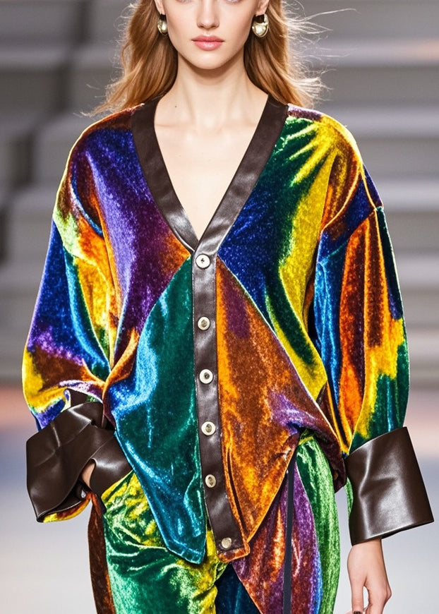 Multicolour V Neck Patchwork Silk Velvet Coat Spring