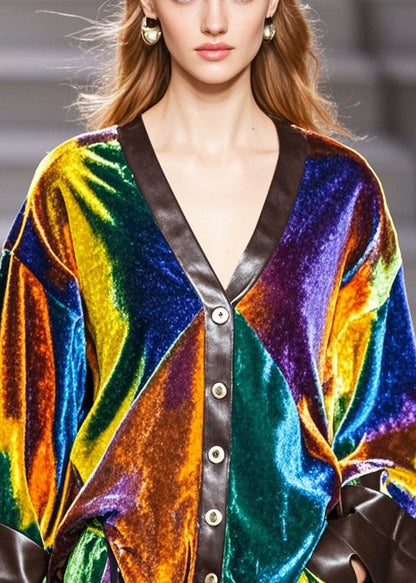 Multicolour V Neck Patchwork Silk Velvet Coat Spring