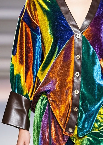 Multicolour V Neck Patchwork Silk Velvet Coat Spring