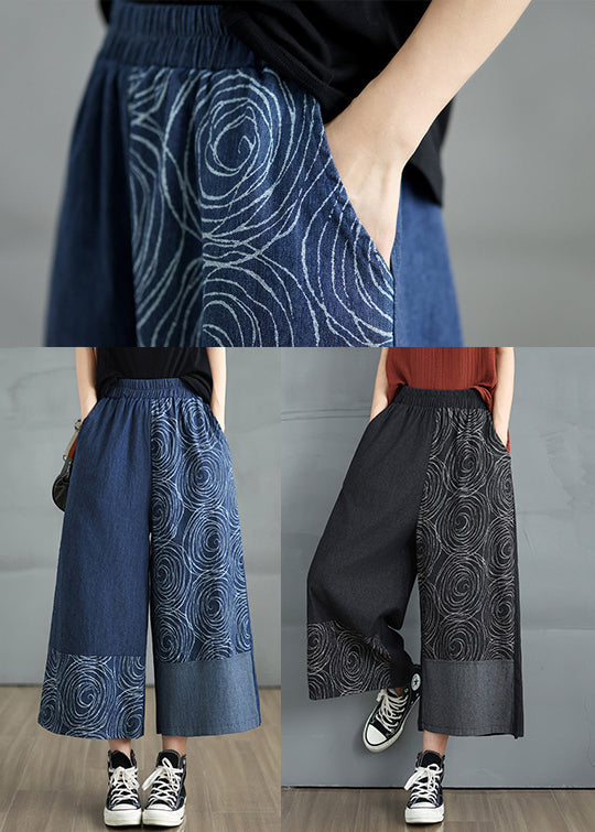 Navy Asymmetrical Print Denim Pants Summer