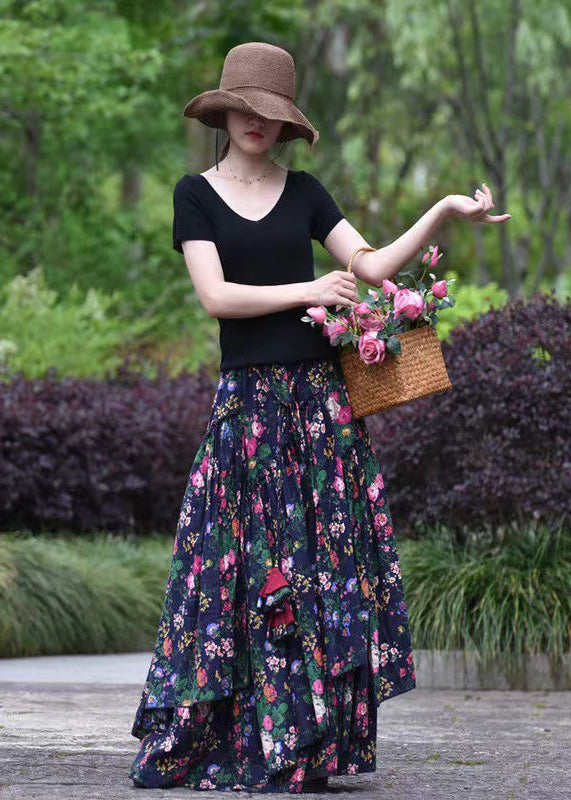 Navy Asymmetrical Print Exra Large Hem Cotton Skirts Spring