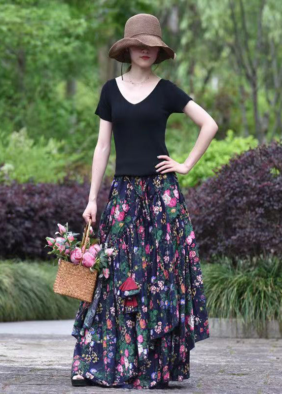 Navy Asymmetrical Print Exra Large Hem Cotton Skirts Spring