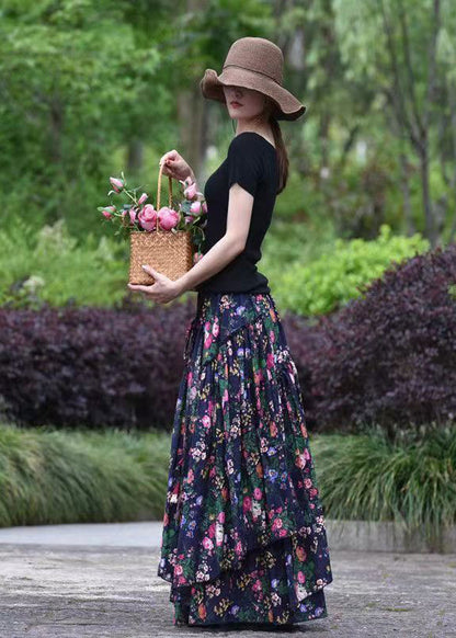 Navy Asymmetrical Print Exra Large Hem Cotton Skirts Spring