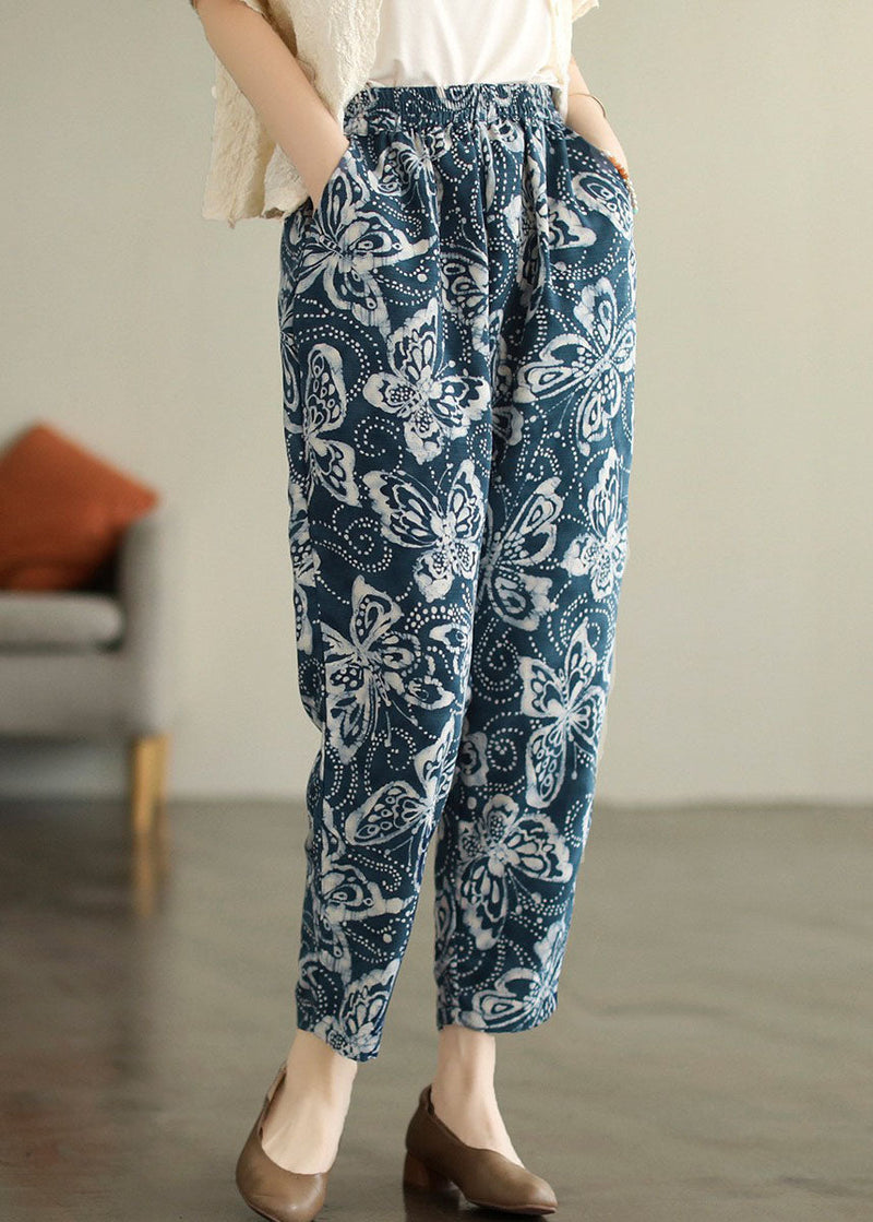 Navy Elastic Waist Print Cotton Crop Pants Fall