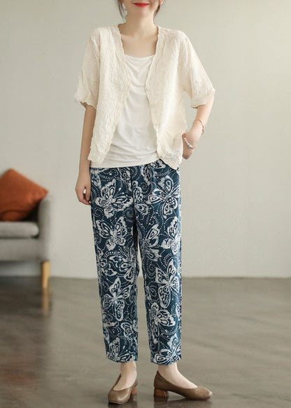 Navy Elastic Waist Print Cotton Crop Pants Fall