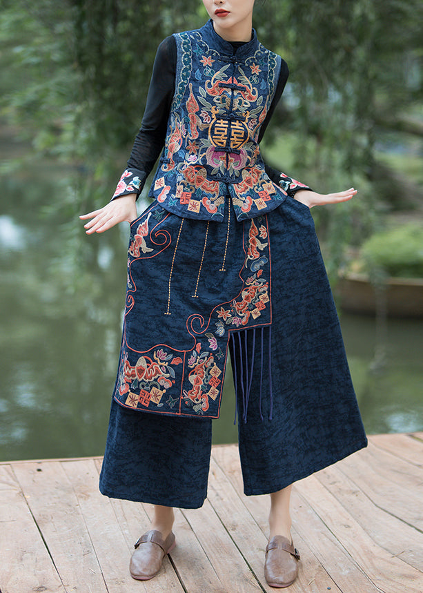 Navy Embroidered Patchwork Cotton Crop Pants Summer