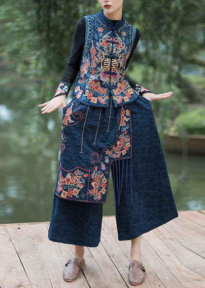 Navy Embroidered Patchwork Cotton Crop Pants Summer