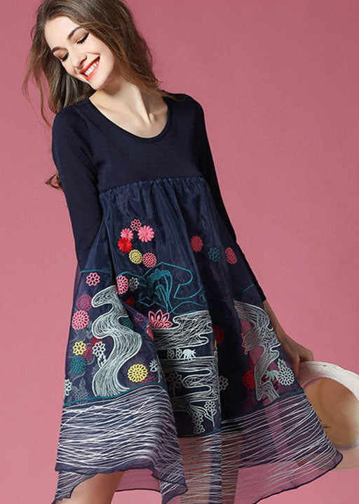 Navy Embroideried Patchwork Organza Holiday Dress Spring