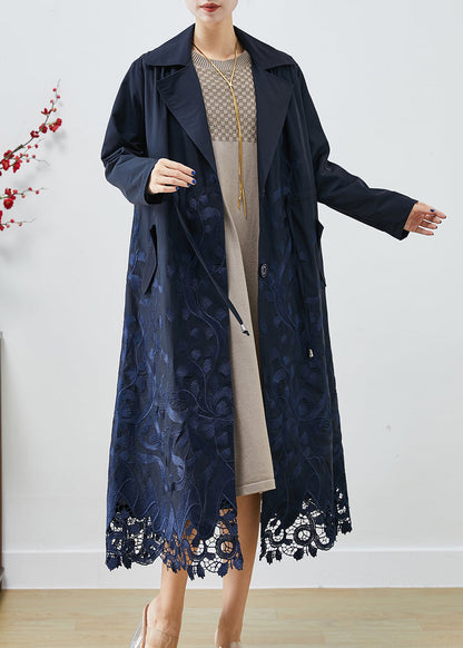Navy Embroidered Tie Waist Spandex Trench Coats Fall