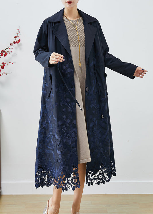 Navy Embroidered Tie Waist Spandex Trench Coats Fall