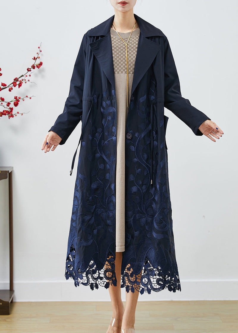 Navy Embroidered Tie Waist Spandex Trench Coats Fall