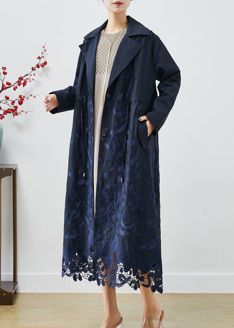 Navy Embroidered Tie Waist Spandex Trench Coats Fall