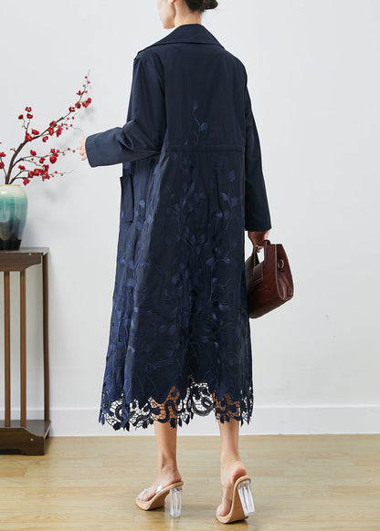 Navy Embroidered Tie Waist Spandex Trench Coats Fall