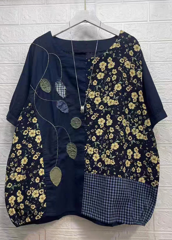 Navy O Neck Print Patchwork Cotton T Shirt Short Sleeve