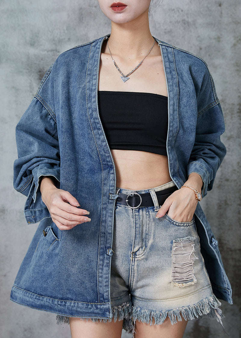 Navy Oversized Chinese Button Denim Coats Spring