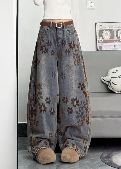 Navy Oversized Print Denim Pants Spring