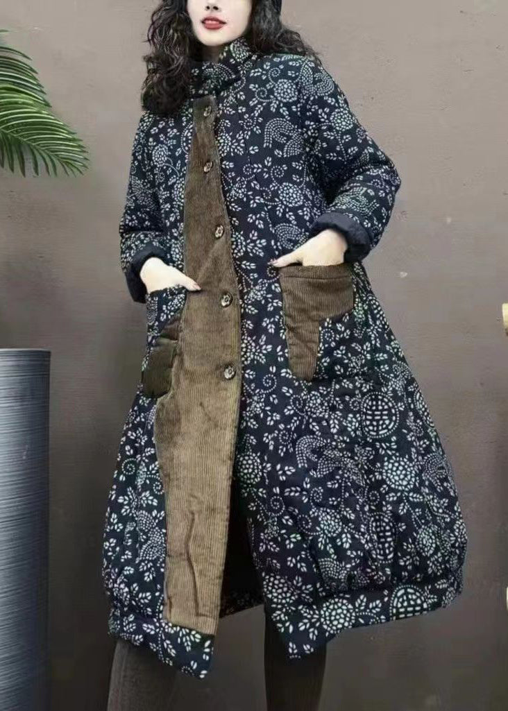 Navy Pockets Print Patchwork Warm Fleece Coats Winter