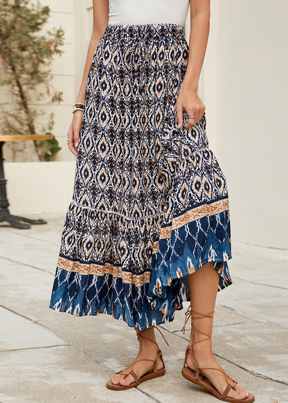 Navy Print Elastic Waist Skirts Summer