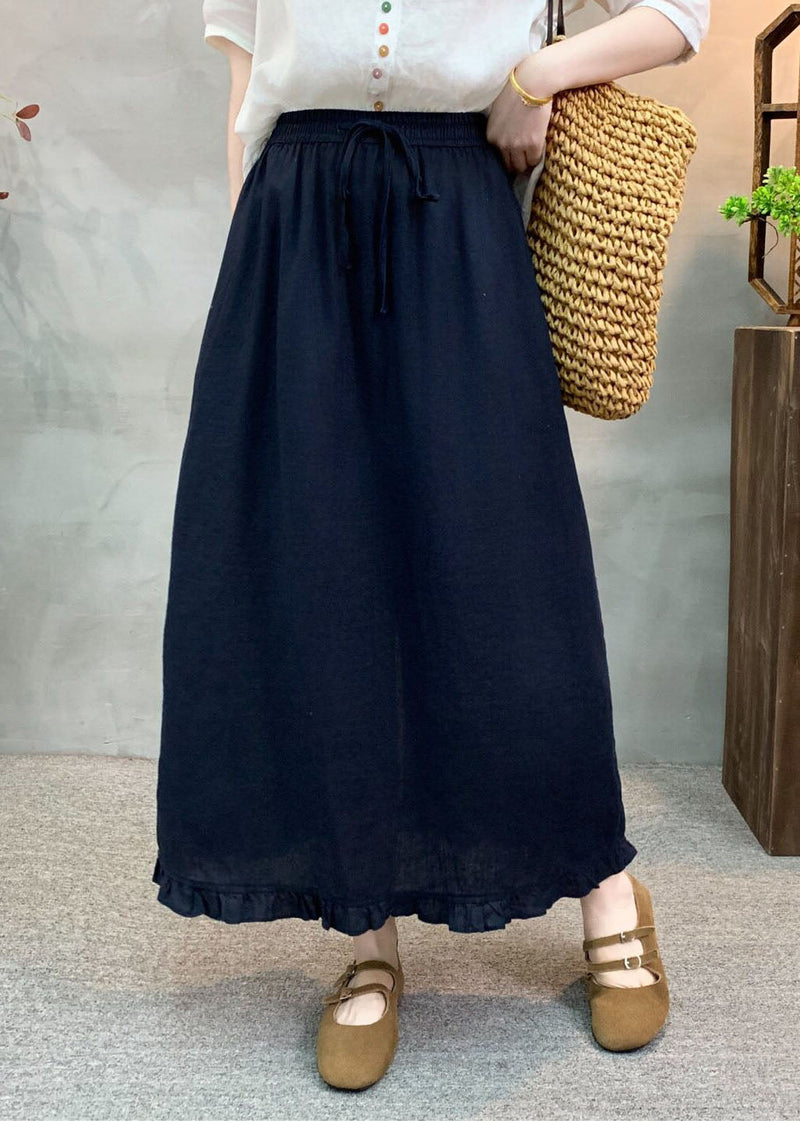 Navy Ruffled Patchwork Elastic Waist Linen Skirt Summer