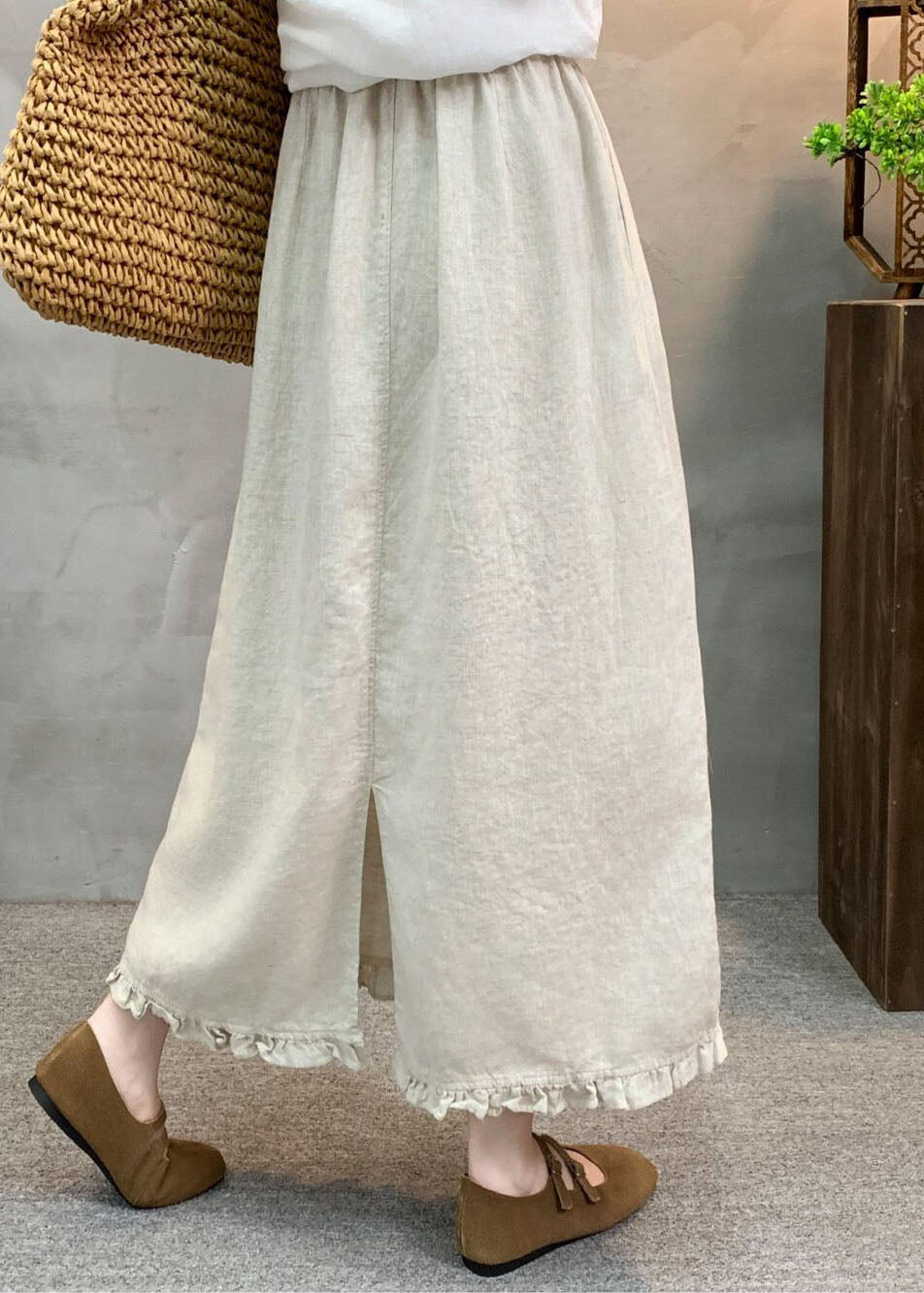 Navy Ruffled Patchwork Elastic Waist Linen Skirt Summer
